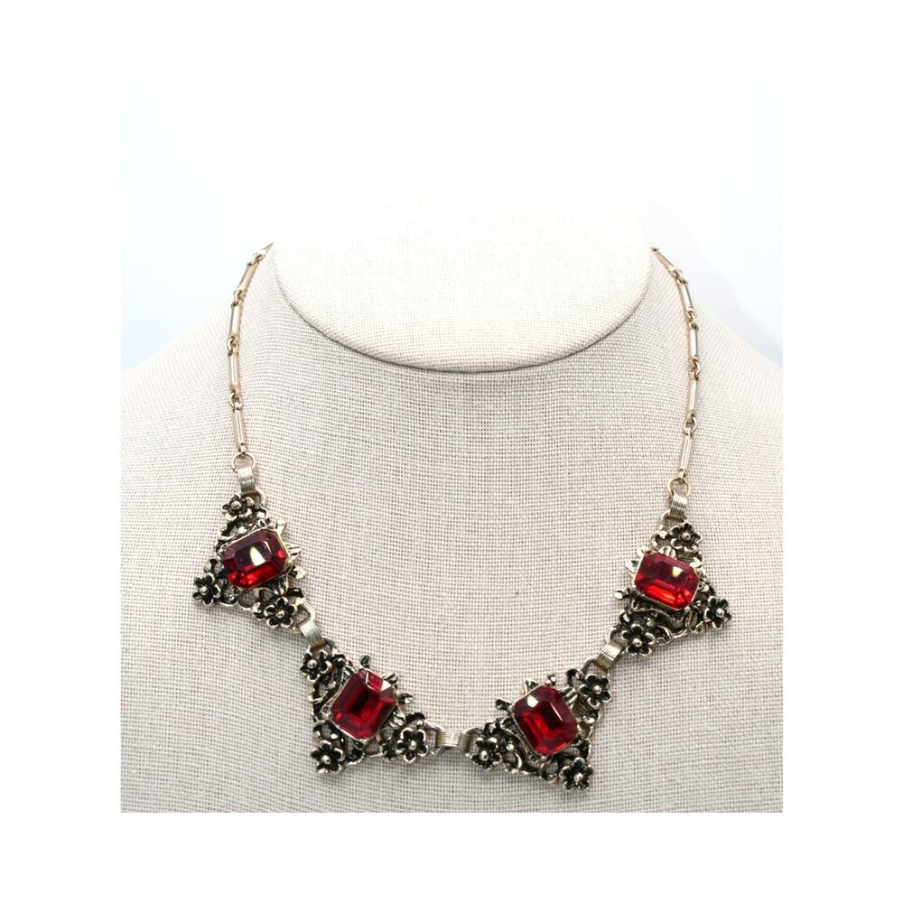 Vintage 1950s Floral Red Rhinestone Book Chain Choker Gold Tone